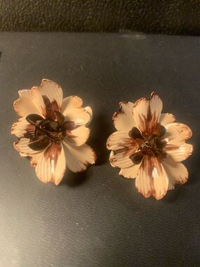Vintage Cream and Brown Floral Clip-On Earrings